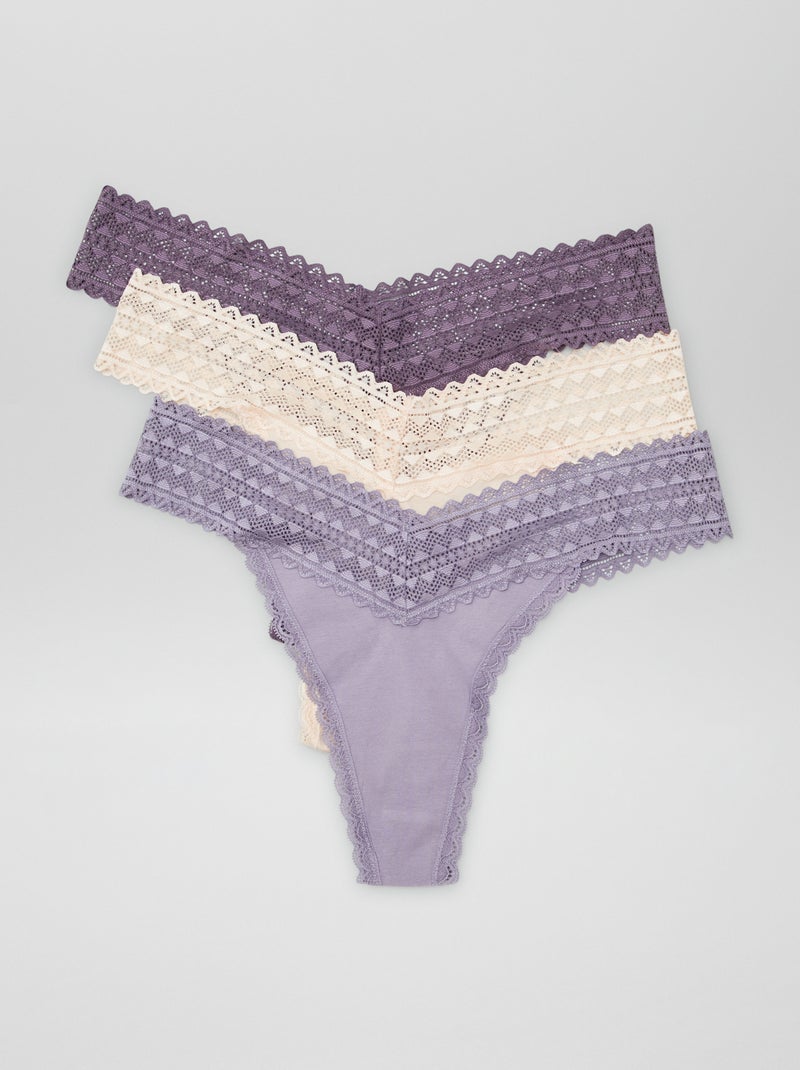 Lot de 3 strings coton et dentelle Violet - Kiabi