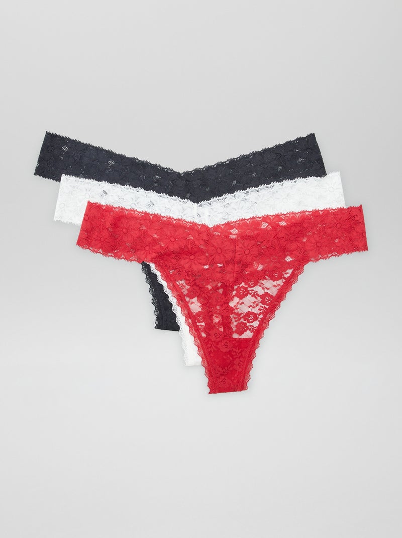 Lot de 3 strings dentelle Blanc/rouge/noir - Kiabi