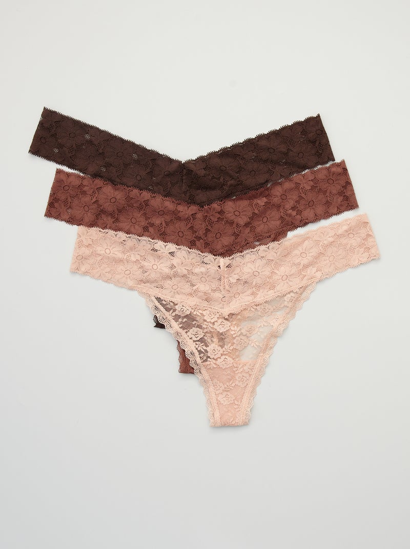 Lot de 3 strings dentelle rose/marron clair/marron - Kiabi