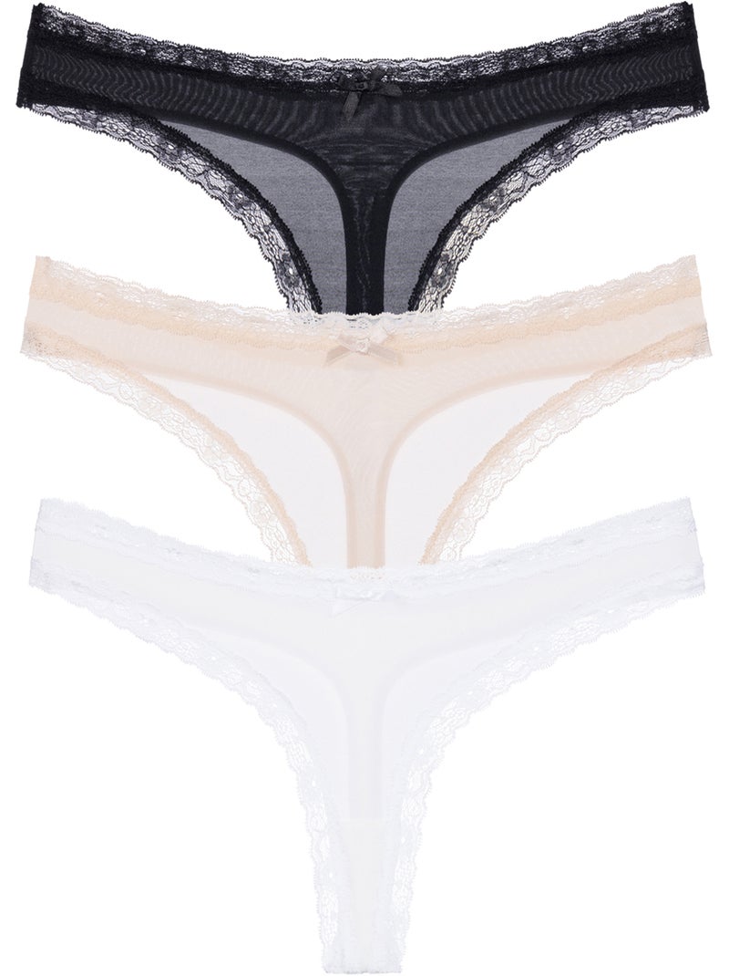 Lot de 3 strings essentiels en microfibre Dorina Noir Beige Blanc - Kiabi