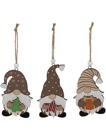 Lot de 3 sujets gnome cadeau bois h10 cm marron