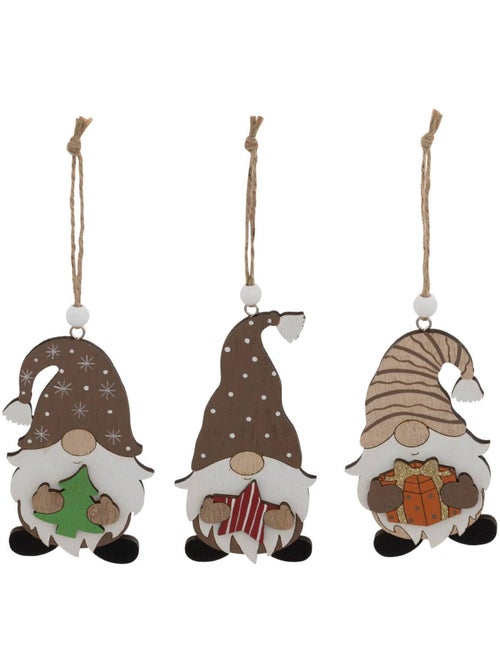 Lot de 3 sujets gnome cadeau bois h10 cm marron - Kiabi