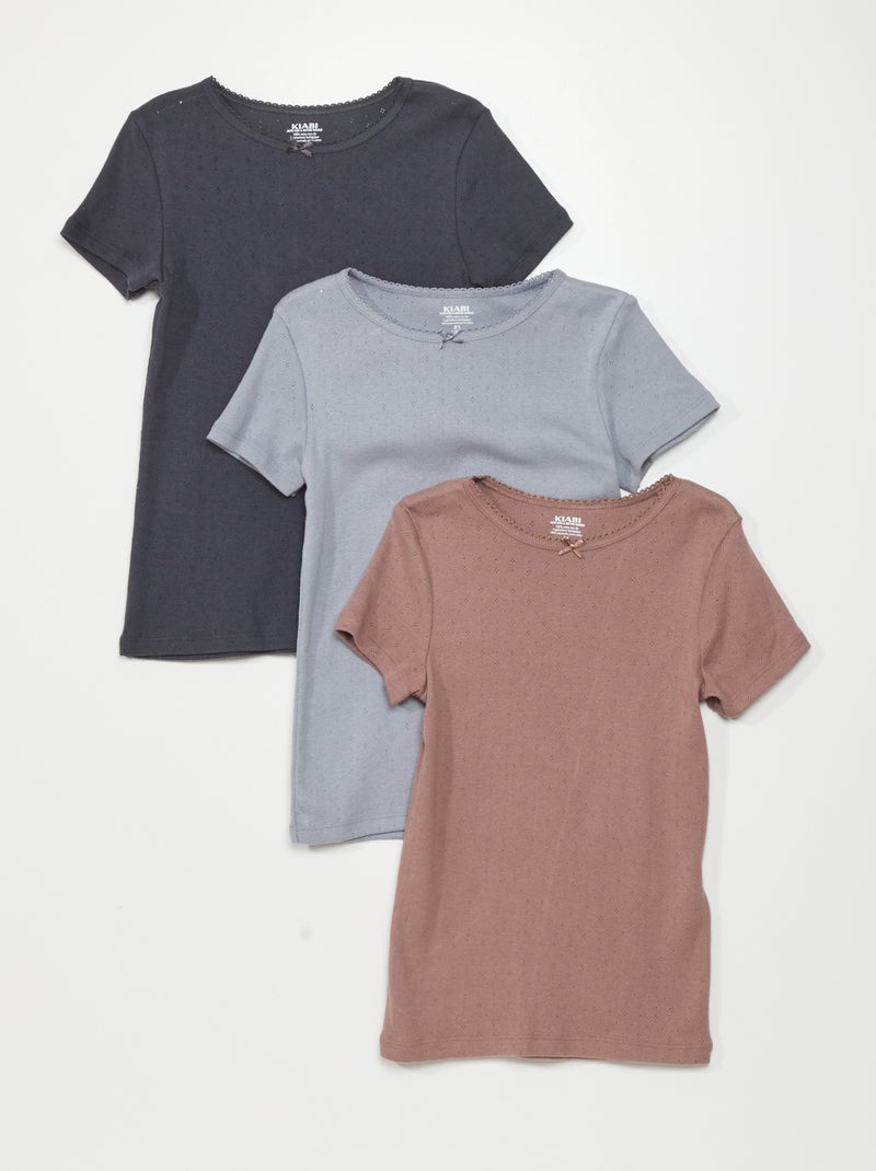 Lot de 3 t-shirts en maille pointelle Gris/rose/bleu marine - Kiabi