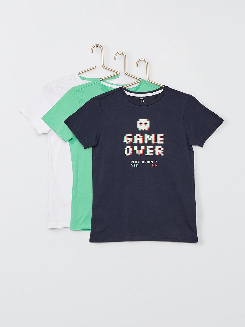 Lot de 3 t-shirts "gaming' balnc/vert/marine - Kiabi