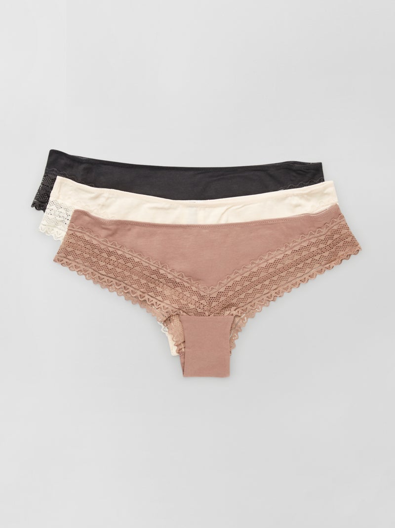 Lot de 3 tangas coton et dentelle gris/rose/écru - Kiabi
