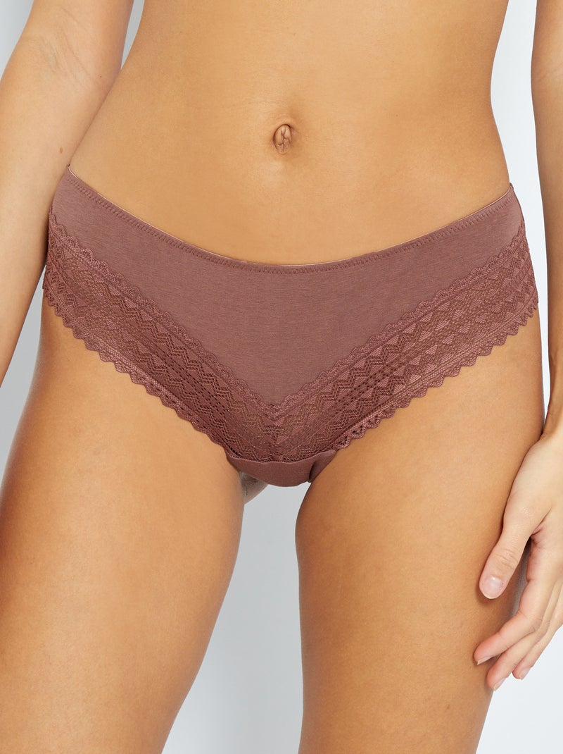 Lot de 3 tangas coton et dentelle marron/marron rosé/beige - Kiabi