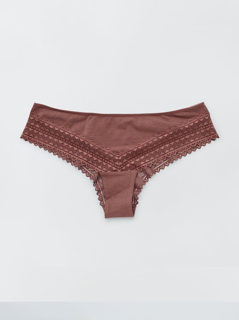 Lot de 3 tangas coton et dentelle marron/marron rosé/beige - Kiabi