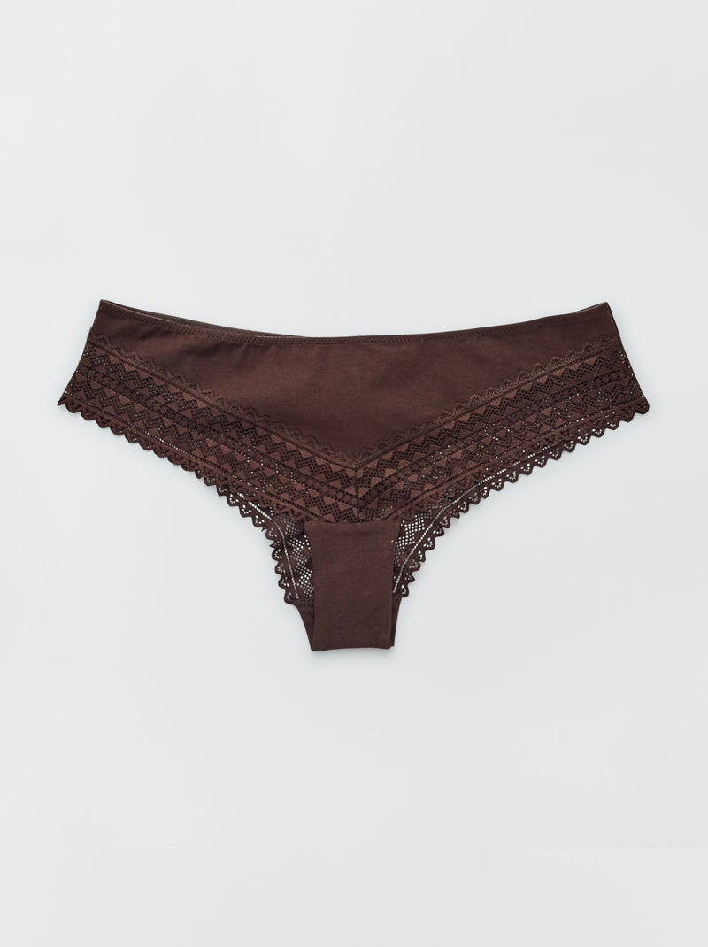 Lot de 3 tangas coton et dentelle marron/marron rosé/beige - Kiabi