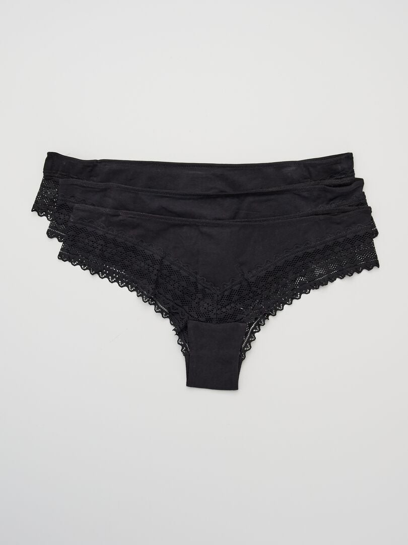 Lot de 3 tangas coton et dentelle noir - Kiabi