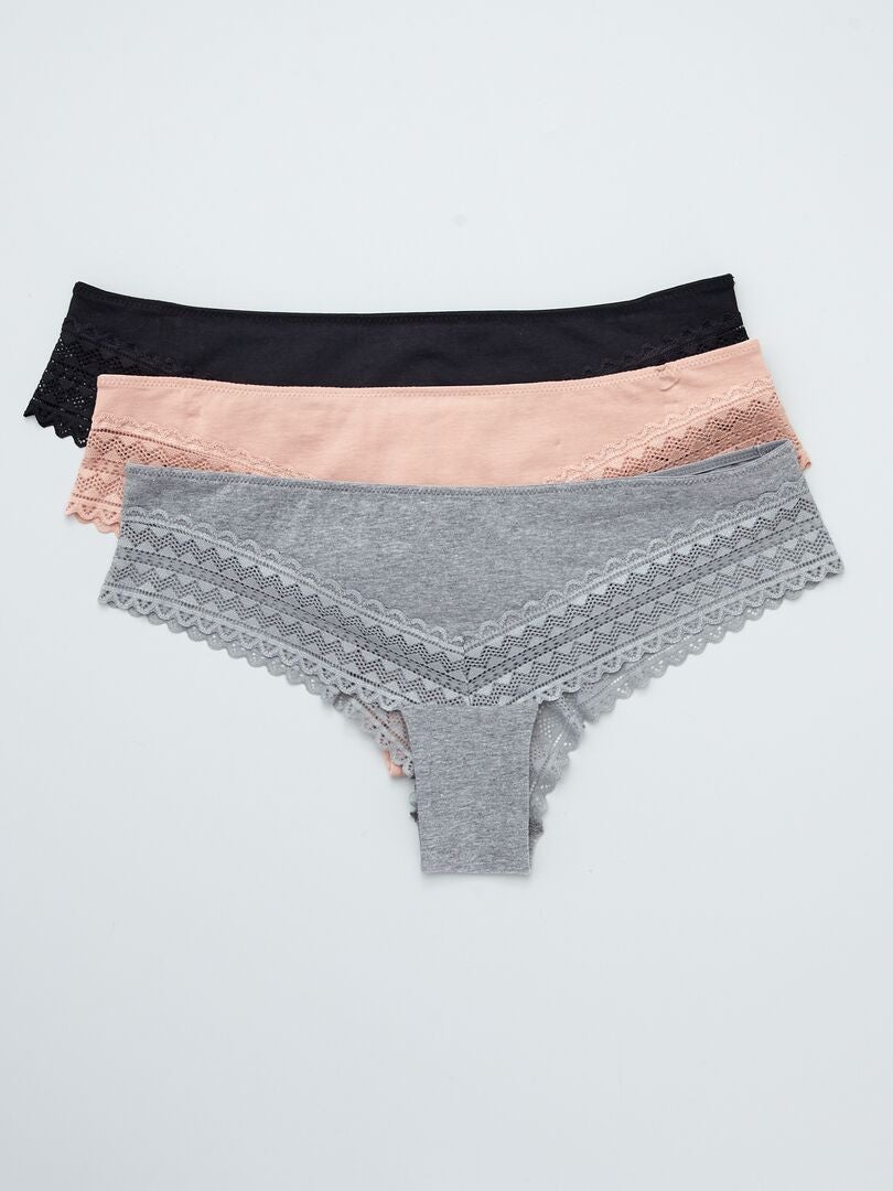 Lot de 3 tangas coton dentelle rose grisé/écru/vert
