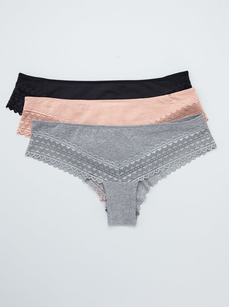 Lot de 3 tangas coton et dentelle rose/gris/noir - Kiabi