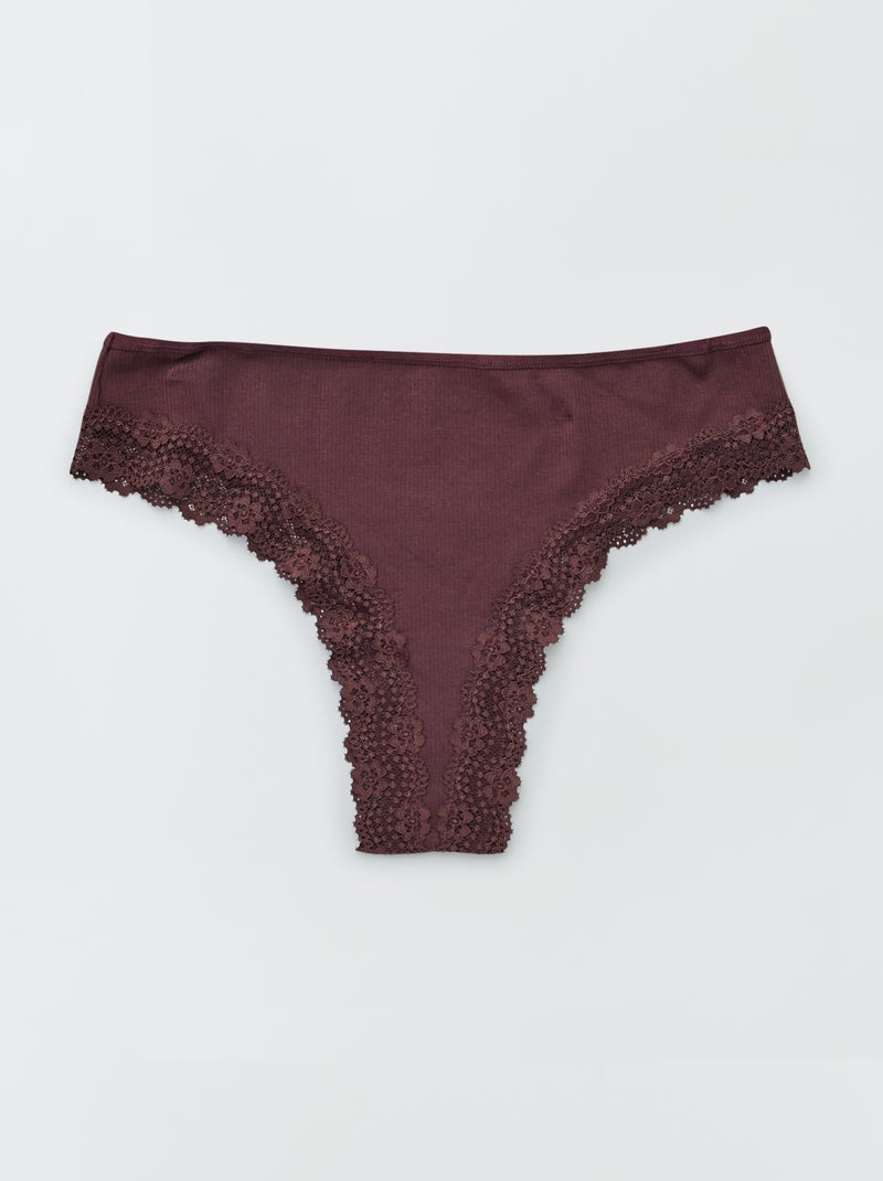 Lot de 3 tangas maille côtelée écru/brun/prune - Kiabi