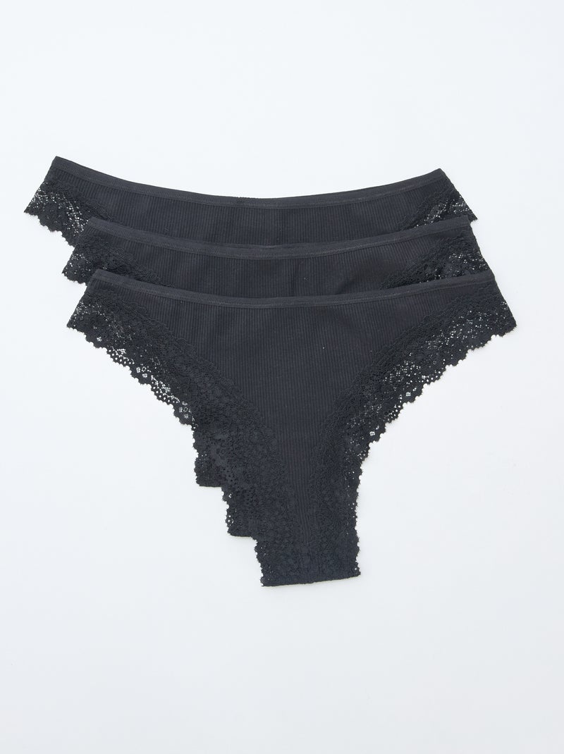 Lot de 3 tangas maille côtelée Noir - Kiabi