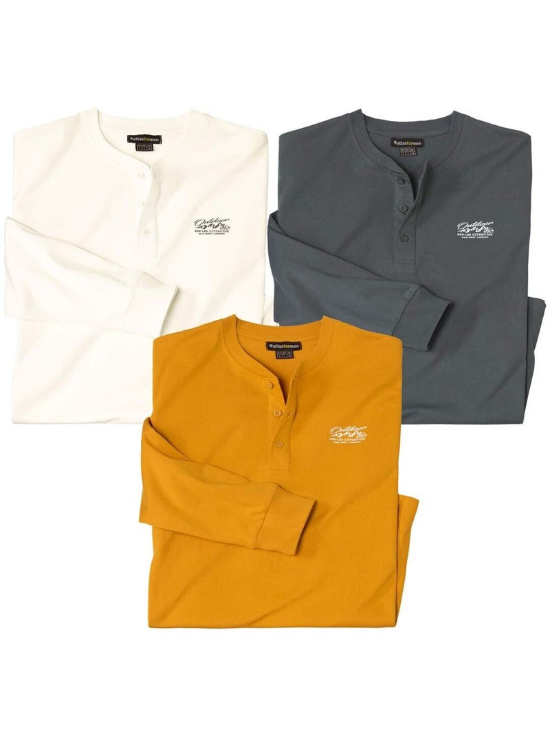 Lot de 3 Tee-Shirts à Col Tunisien Outdoor   - ATLAS FOR MEN Gris Jaune Gris - Kiabi