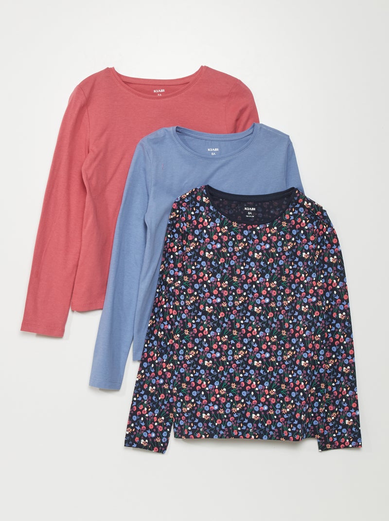 Lot de 3 tee-shirts à manches longues Bleu/Bleu marine/rose - Kiabi