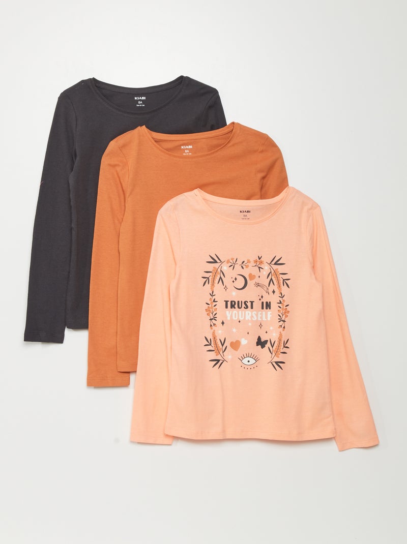 Lot de 3 tee-shirts à manches longues Orange/rose/bleu - Kiabi