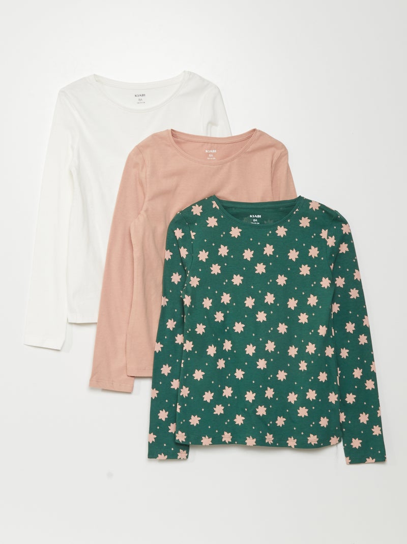 Lot de 3 tee-shirts à manches longues Vert/rose/blanc - Kiabi