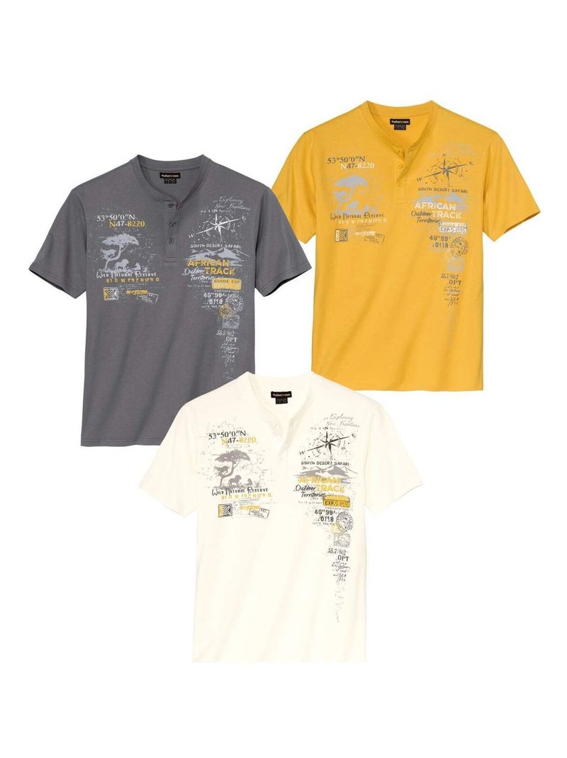 Lot de 3 Tee-Shirts Col Boutonné African Track   - ATLAS FOR MEN Blanc Jaune Blanc - Kiabi