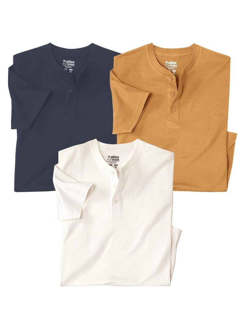 Lot de 3 Tee-Shirts Col Boutonnés  - ATLAS FOR MEN Bleu Marron - Kiabi