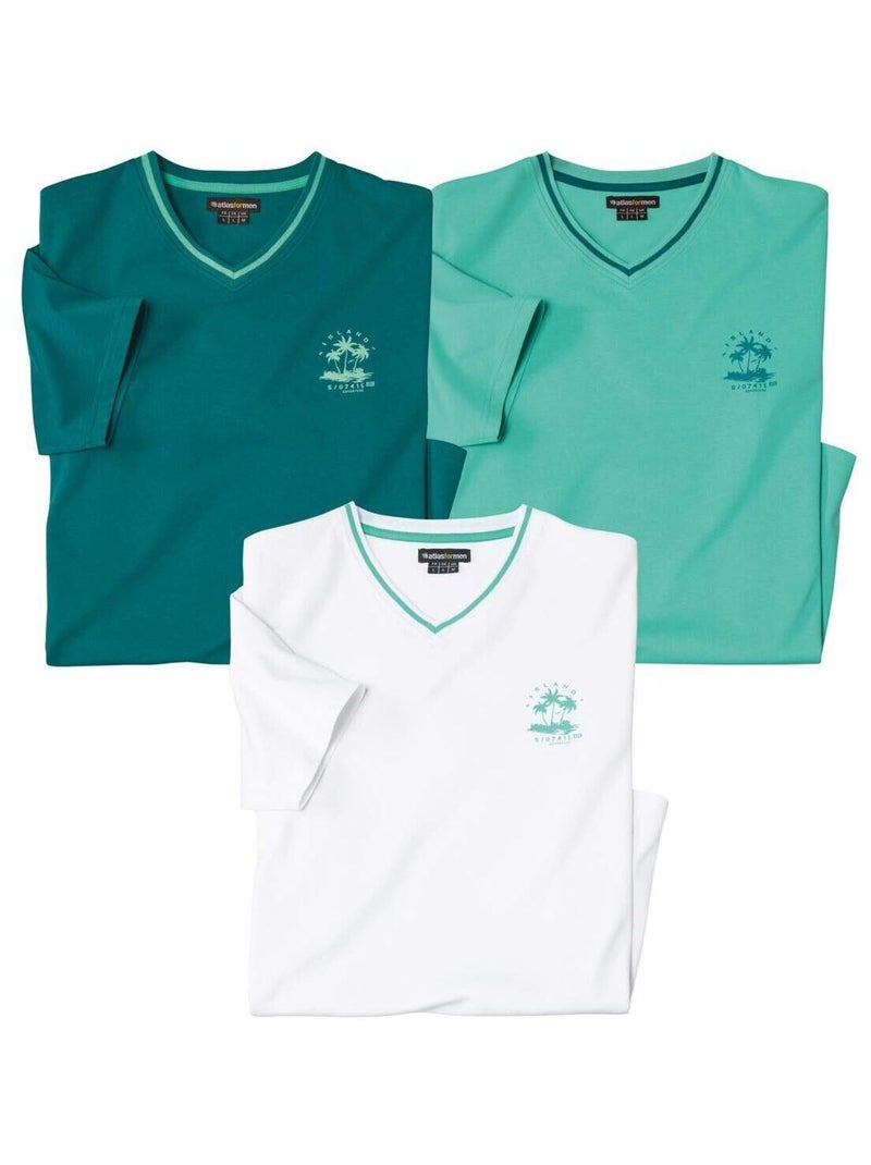 Lot de 3 Tee-Shirts Col V Island   - ATLAS FOR MEN Blanc Vert - Kiabi