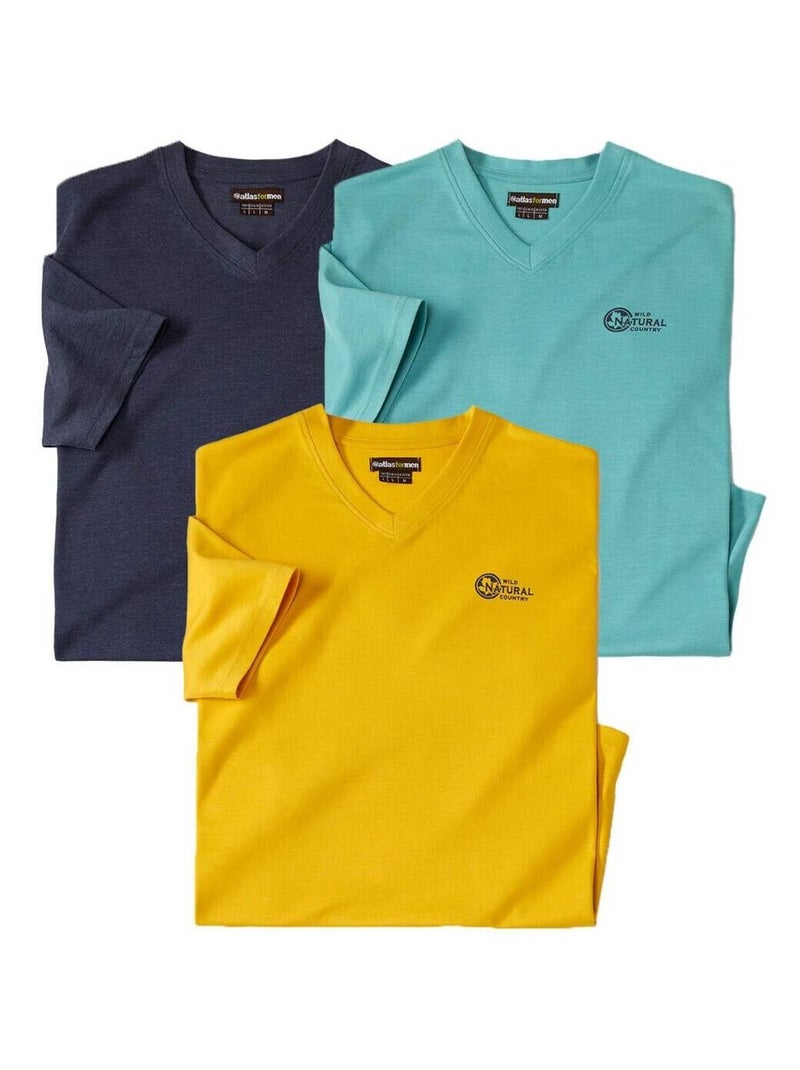 Lot de 3 Tee-Shirts Col V Unis  - ATLAS FOR MEN Bleu Vert - Kiabi