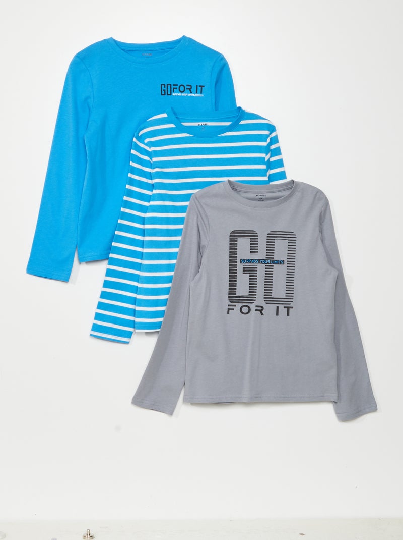 Lot de 3 tee-shirts en jersey à manches longues Gris/bleu - Kiabi
