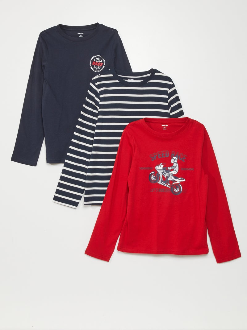 Lot de 3 tee-shirts en jersey à manches longues Rouge/bleu marine - Kiabi
