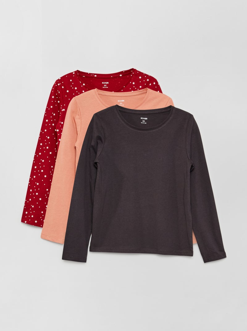 Lot de 3 tee-shirts manches longues uni et imprimé Gris/rose/rouge - Kiabi