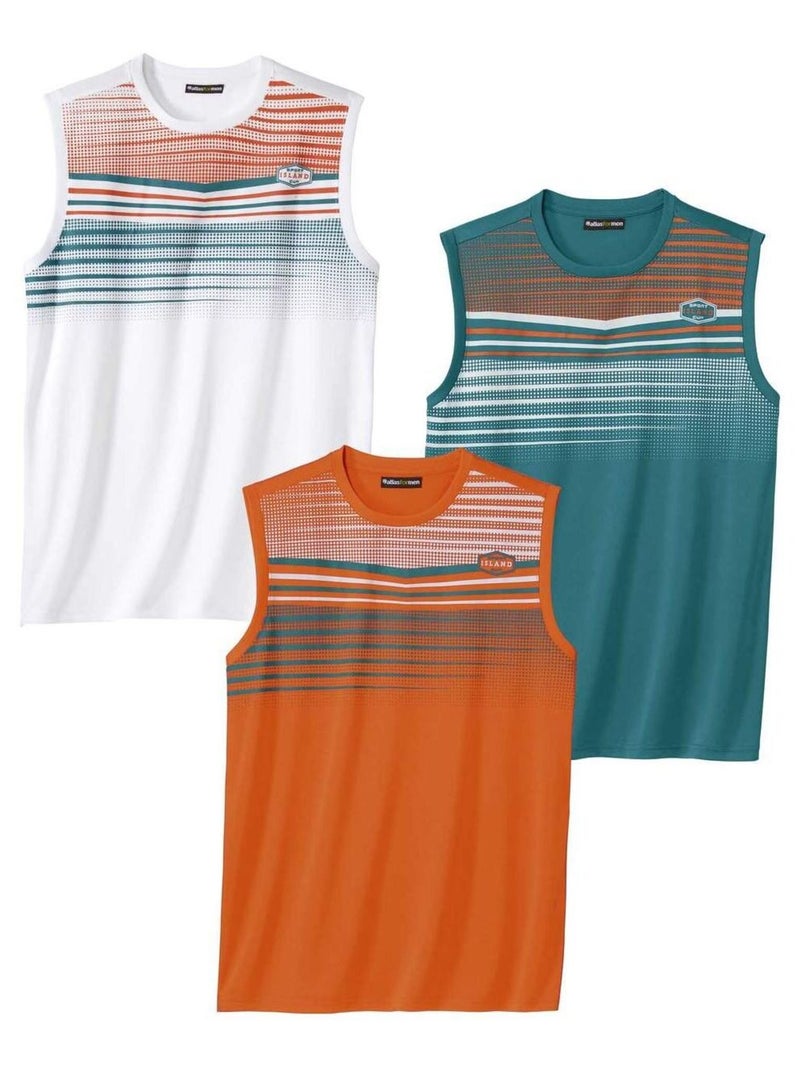 Lot de 3 Tee-Shirts Sans Manches Sport   - ATLAS FOR MEN Blanc Orange Bleu - Kiabi
