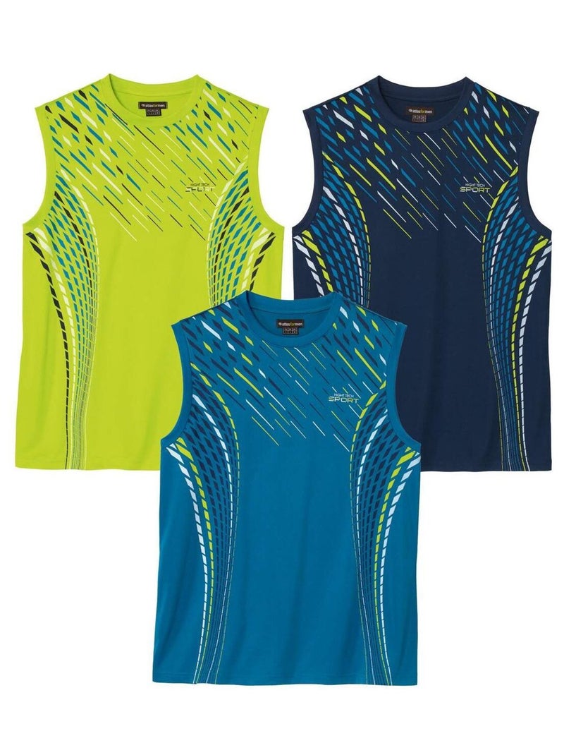 Lot de 3 Tee-Shirts Sport Sans Manches   - ATLAS FOR MEN Bleu Jaune Bleu - Kiabi