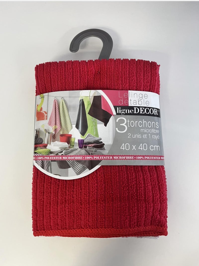 Lot de 3 Torchons -2 Unis/1 Rayé - Microfibre - 40 x 40 cm Rouge - Kiabi