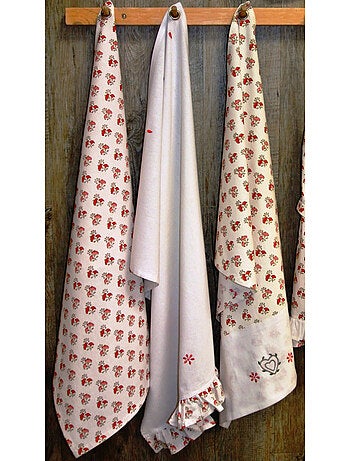 Lot de 3 torchons de cuisine 50 x 70 cm – imprimé floral et broderie cœur