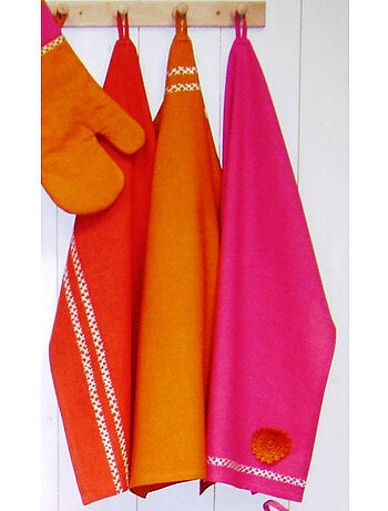 Lot de 3 torchons en coton – terre cuite, ocre et rose