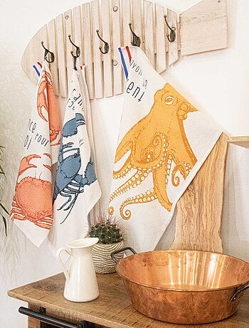 Lot de 3 torchons illustrations marines en coton lavé