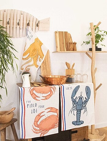 Lot de 3 torchons illustrations marines en coton lavé