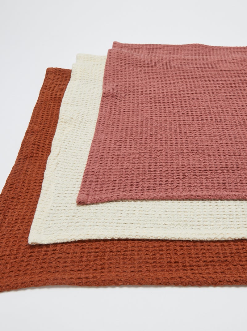 Lot de 3 torchons rectangulaires en nid d'abeilles Rose/blanc/ocre - Kiabi
