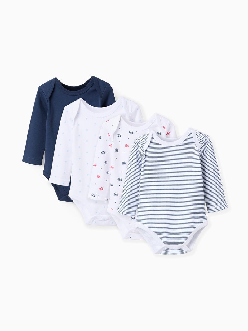 Lot de 4 Bodies en Coton Blanc Bleu - Kiabi