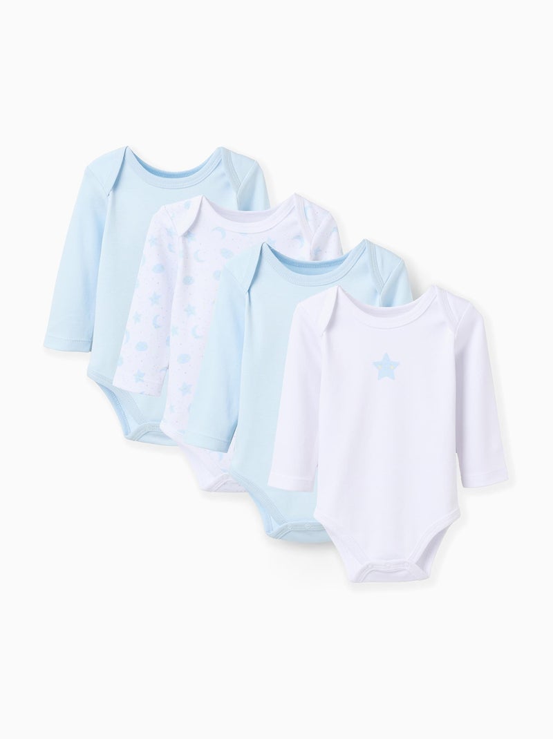 Lot de 4 Bodies en Coton 'Moon & Star' Blanc Bleu - Kiabi
