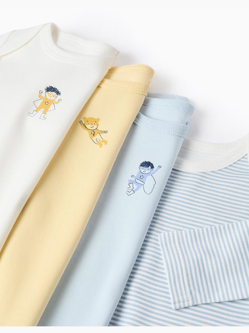 Lot de 4 bodies en coton rayés/imprimés Bleu Jaune - Kiabi
