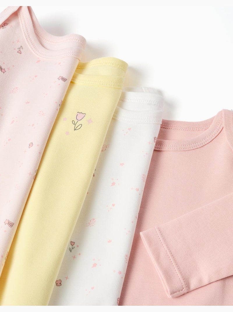 Lot de 4 bodies en coton unis/à fleurs Rose/Jaune - Kiabi