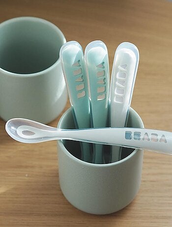 Lot de 4 cuillères 1er âge en silicone gris et vert sauge
