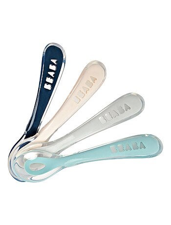 Lot de 4 cuillères en silicone 2e âge bleu, rose et vert d'eau