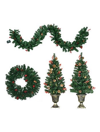 Lot de 4 décorations de Noël LED - couronne, guirlande, 2 sapins avec pots