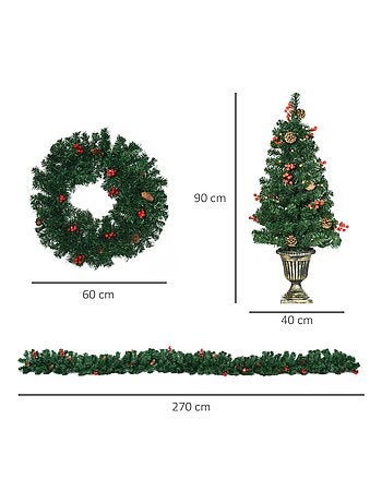 Lot de 4 décorations de Noël LED - couronne, guirlande, 2 sapins avec pots