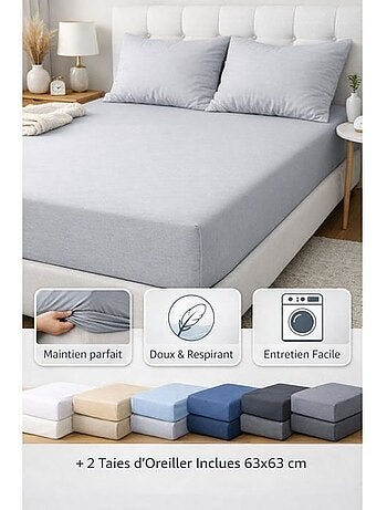 Lot de 4 draps-housse 140x190 cm + 6 taies 63x63cm polycoton- 57 fils/cm² - bonnet 25 cm