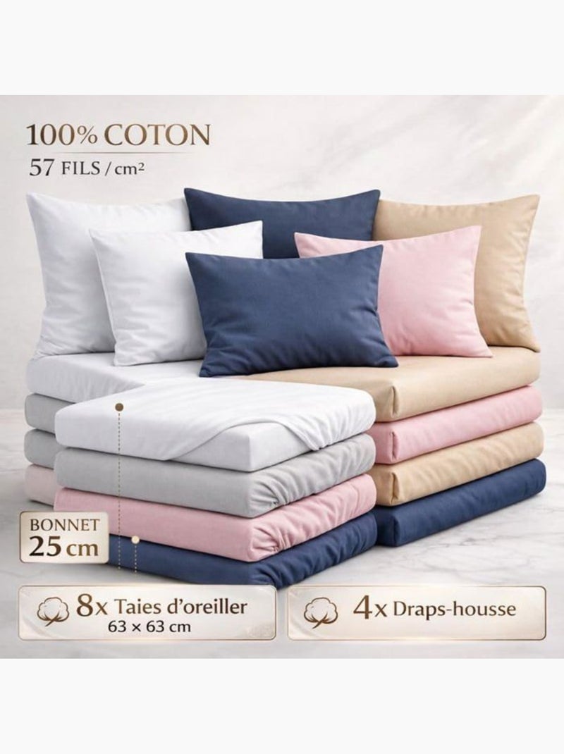 Lot de 4 draps-housse 140x190 cm + 6 taies 63x63cm polycoton- 57 fils/cm² - bonnet 25 cm Multicolore - Kiabi