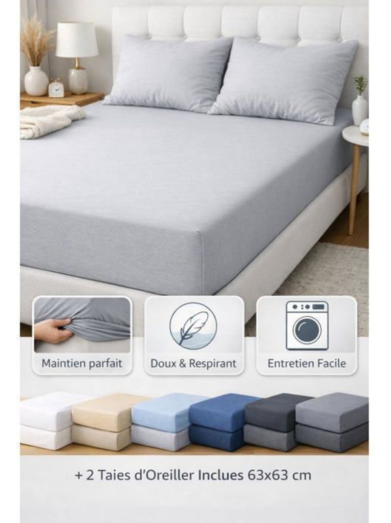 Lot de 4 draps-housse 140x190 cm + 6 taies 63x63cm polycoton- 57 fils/cm² - bonnet 25 cm Multicolore - Kiabi