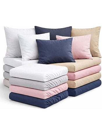 Lot de 4 draps-housse + 4 taies d’oreiller coton 57 fils/cm² - L22G - Couleur aléatoire