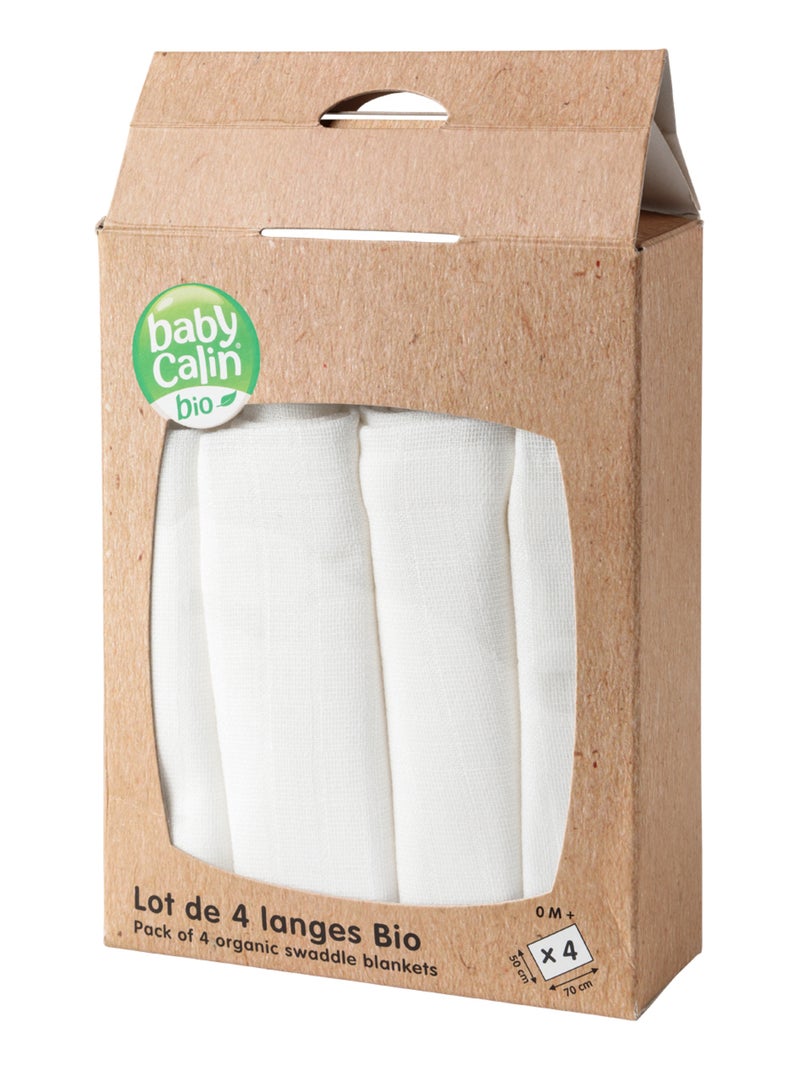 Lot de 4 langes Bio 50x70 cm Blanc - Babycalin Blanc - Kiabi
