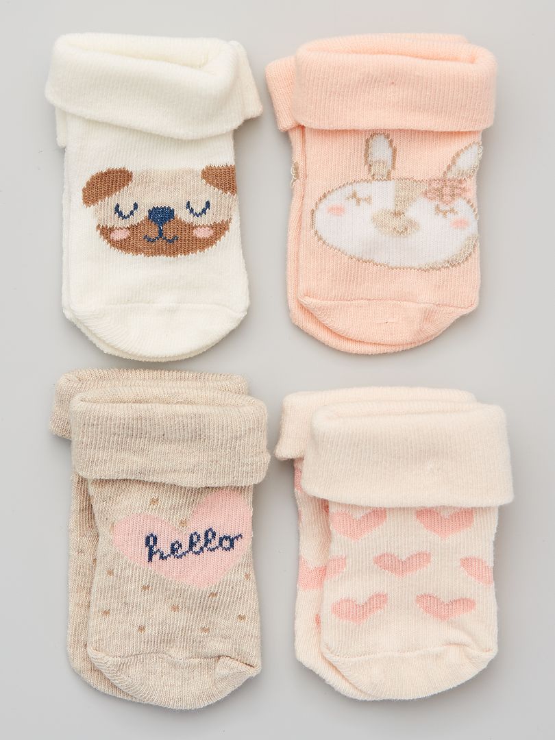 Lot de 4 paires de chaussettes bébé rose/beige - Kiabi